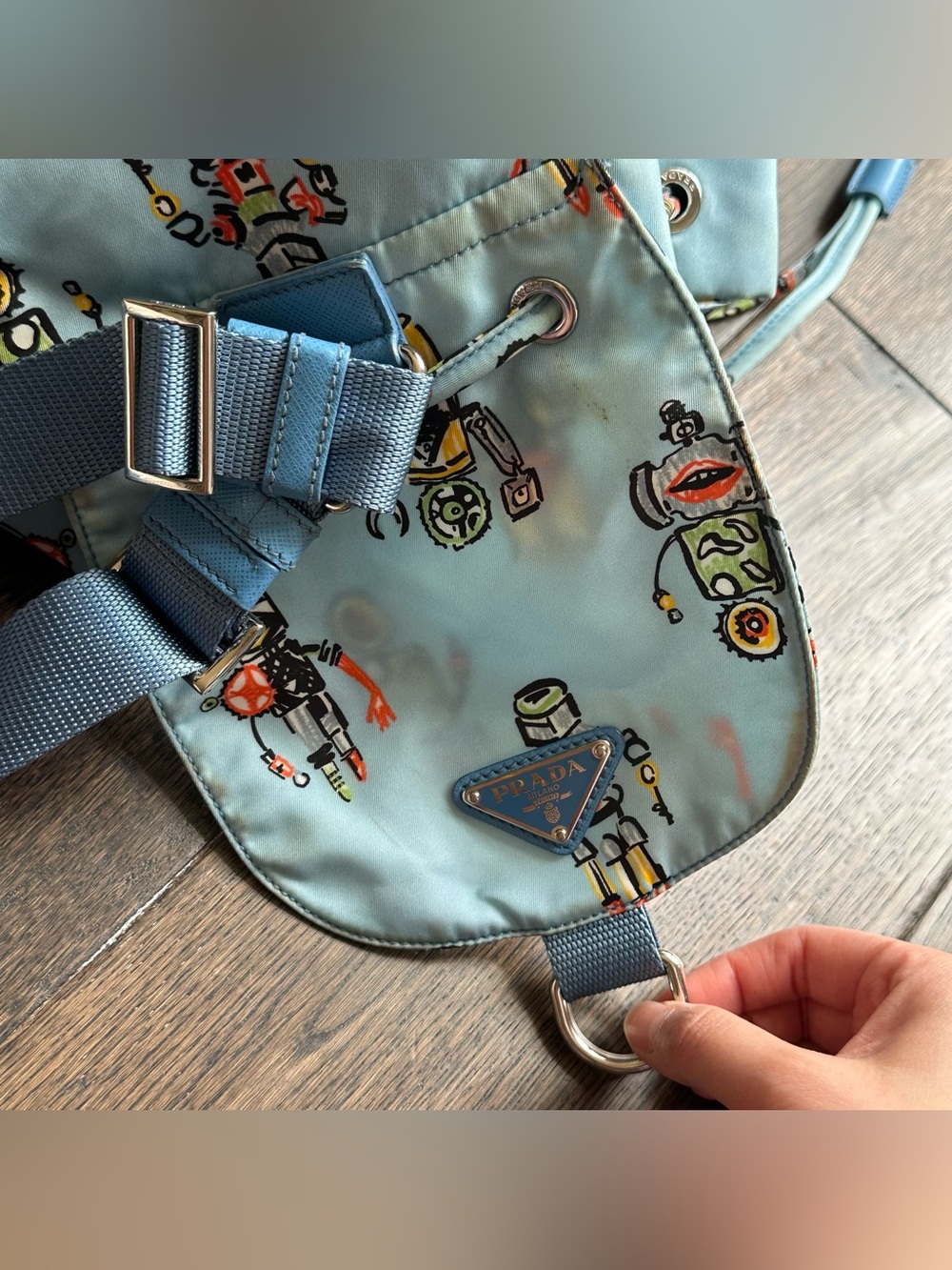 PRADA Azzurro Tessuto Nylon Robot Print Backpack 1BZ032 - Picture 13 of 14